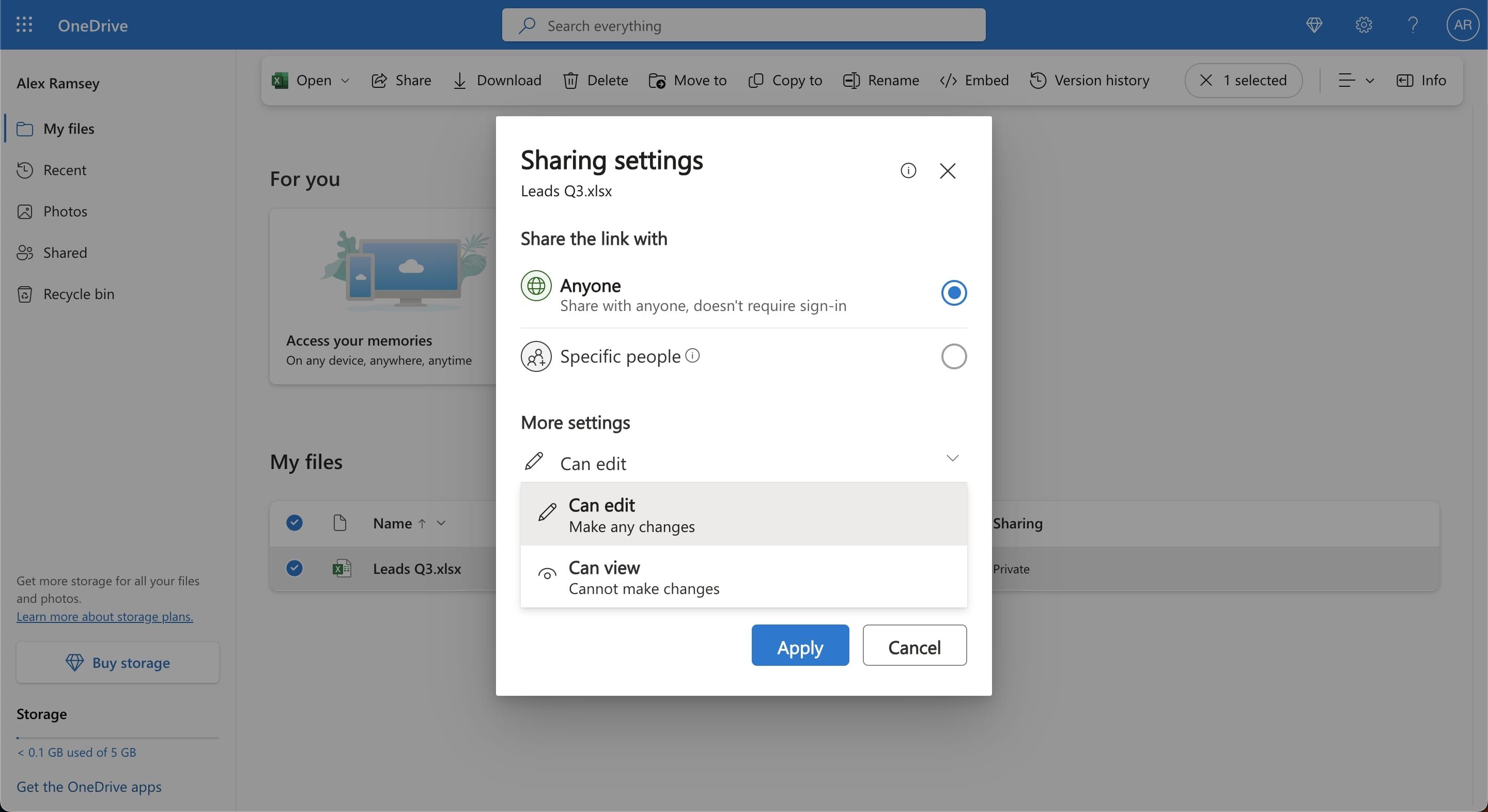Дополнительные параметры: разрешения на редактирование или только просмотр