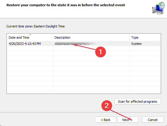 Выбор точки восстановления для восстановления системы