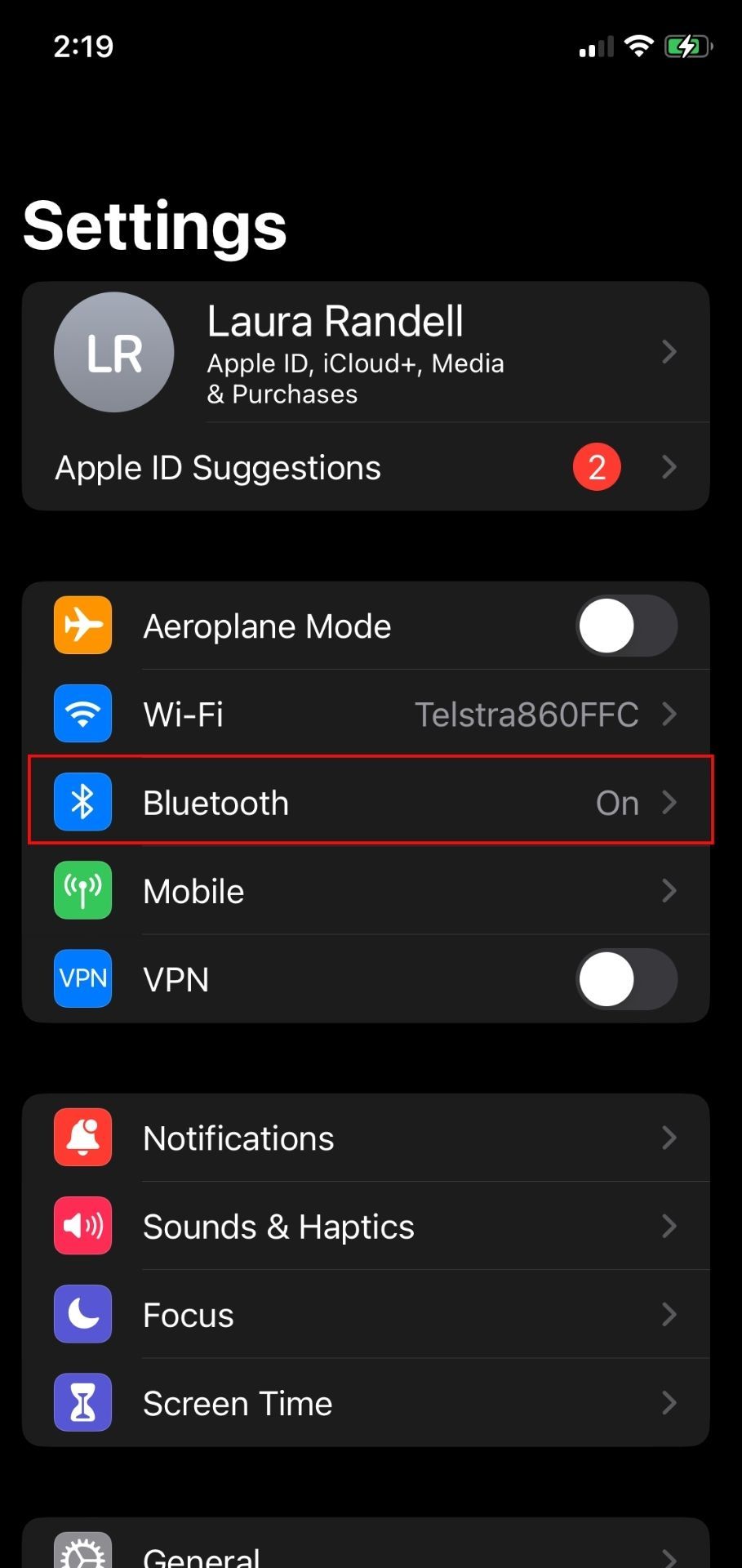 Местоположение Bluetooth в меню iOS