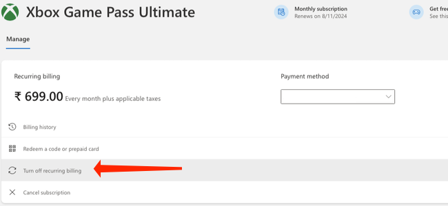 Выберите опцию отключения автоматического продления, чтобы прекратить автоматические платежи за Xbox Game Pass.