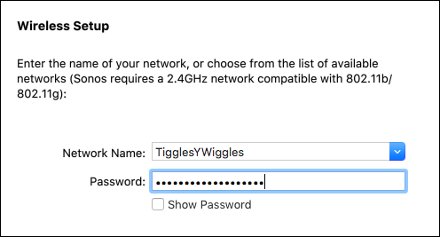 Ввод пароля Wi-Fi для подключения Sonos к сети