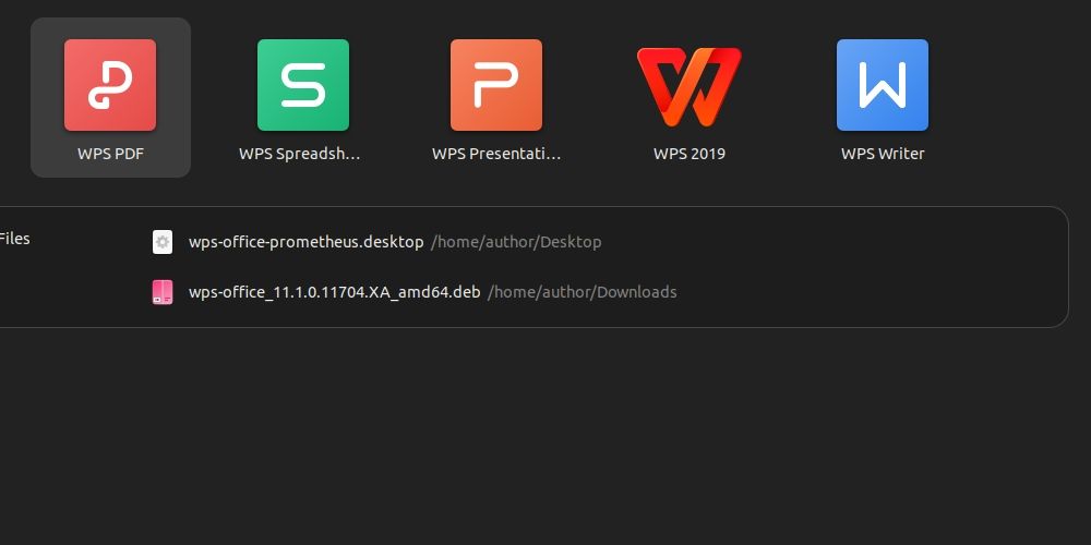 Запуск WPS Office через меню приложений Ubuntu