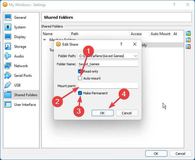 Параметры авто‑монтирования и сохранения общей папки