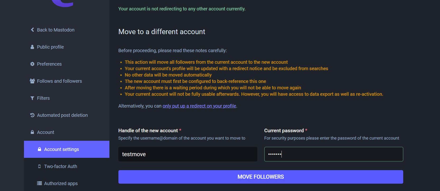 Подтверждение переноса подписчиков на старом аккаунте