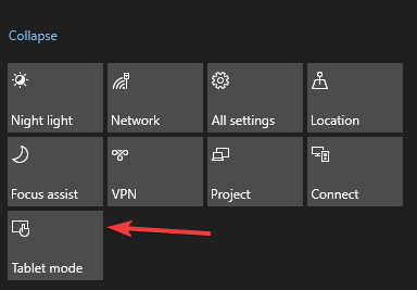 Кнопка режима планшета в Центре уведомлений Windows