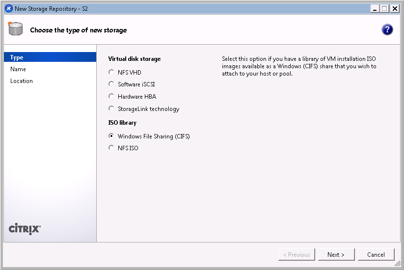 Выбор типа SR: Windows File Sharing (CIFS)