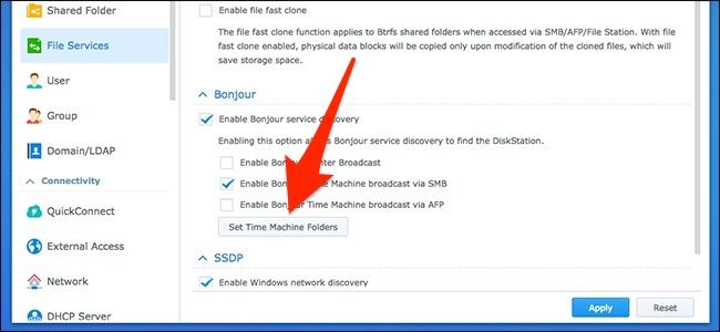 Кнопка 'Set Time Machine Folders' для указания целевой папки