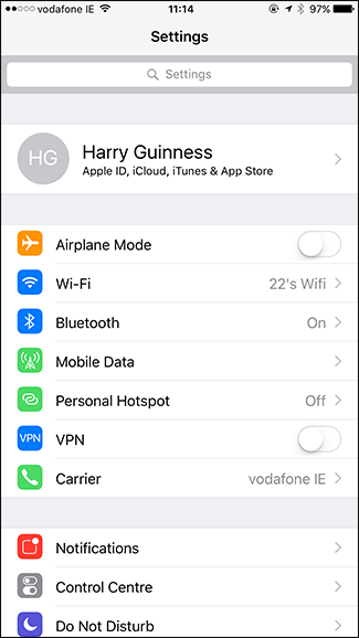 Настройки iOS: список приложений включая Snapchat