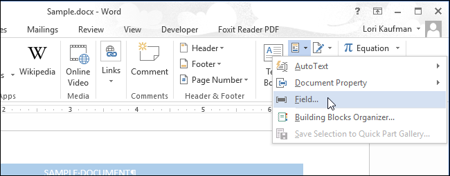 Выберите пункт Поле из меню Быстрые части
