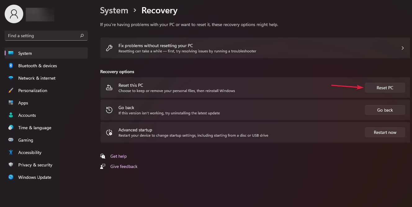 Кнопка 'Сбросить ПК' в параметрах восстановления