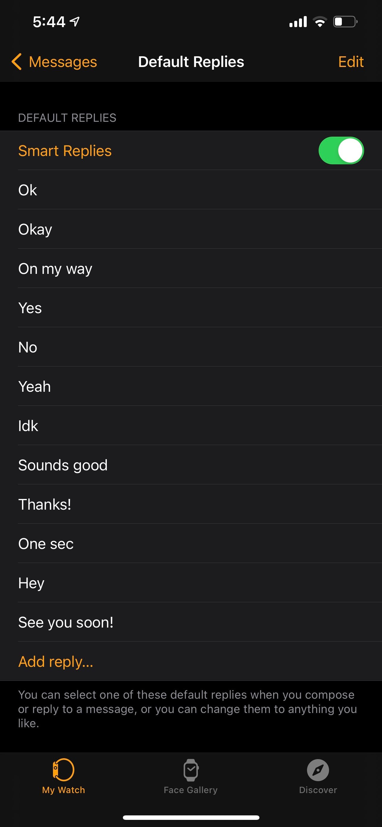 Apple Watch default replies settings