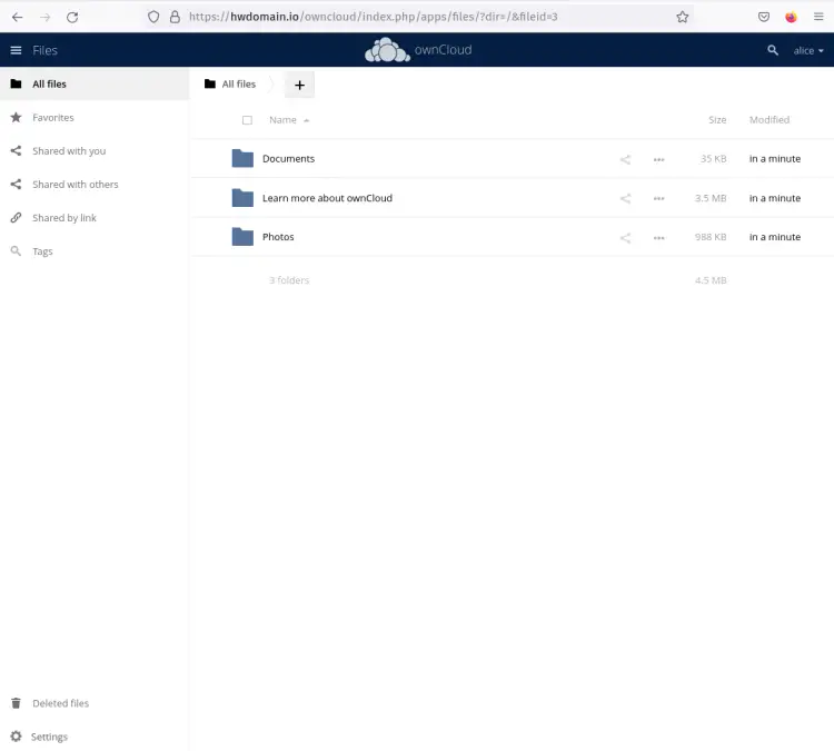 Панель ownCloud — скриншот