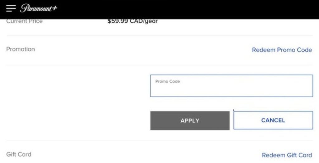 Поле ввода промокода на странице оформления Paramount+