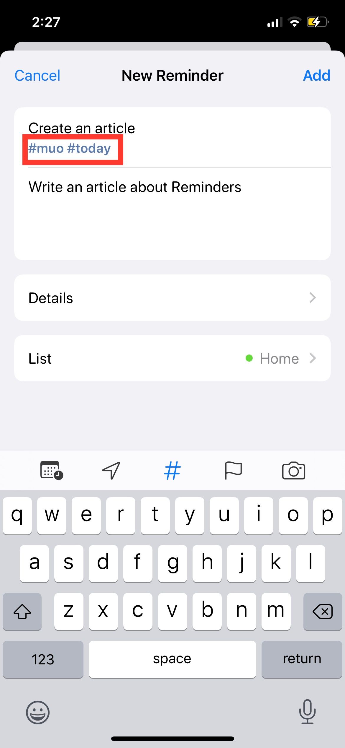 Теги под заголовком напоминания