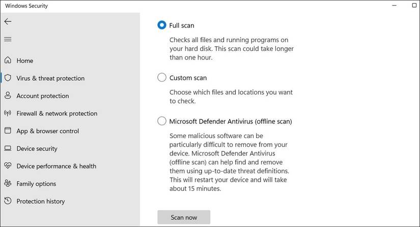 Полное сканирование в Windows Security