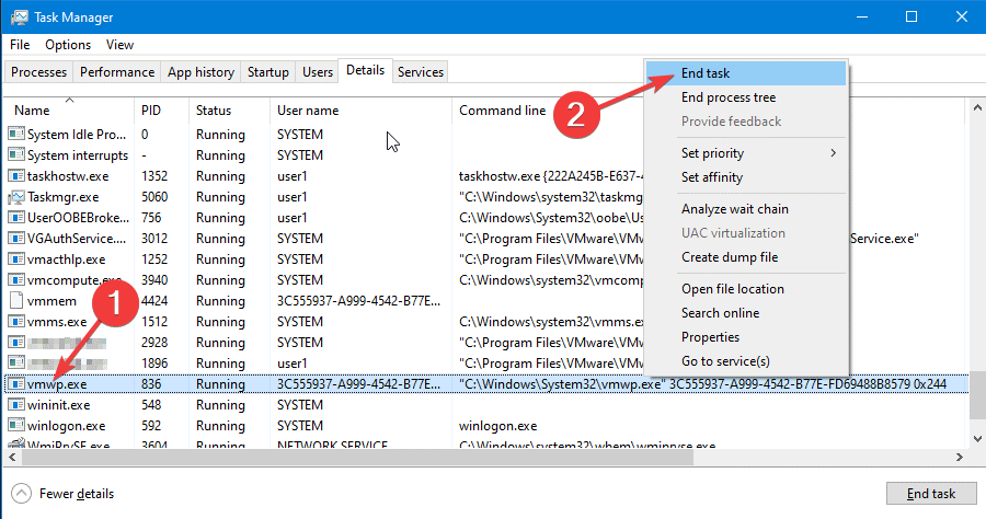 Диспетчер задач: завершение процесса Vmwp.exe