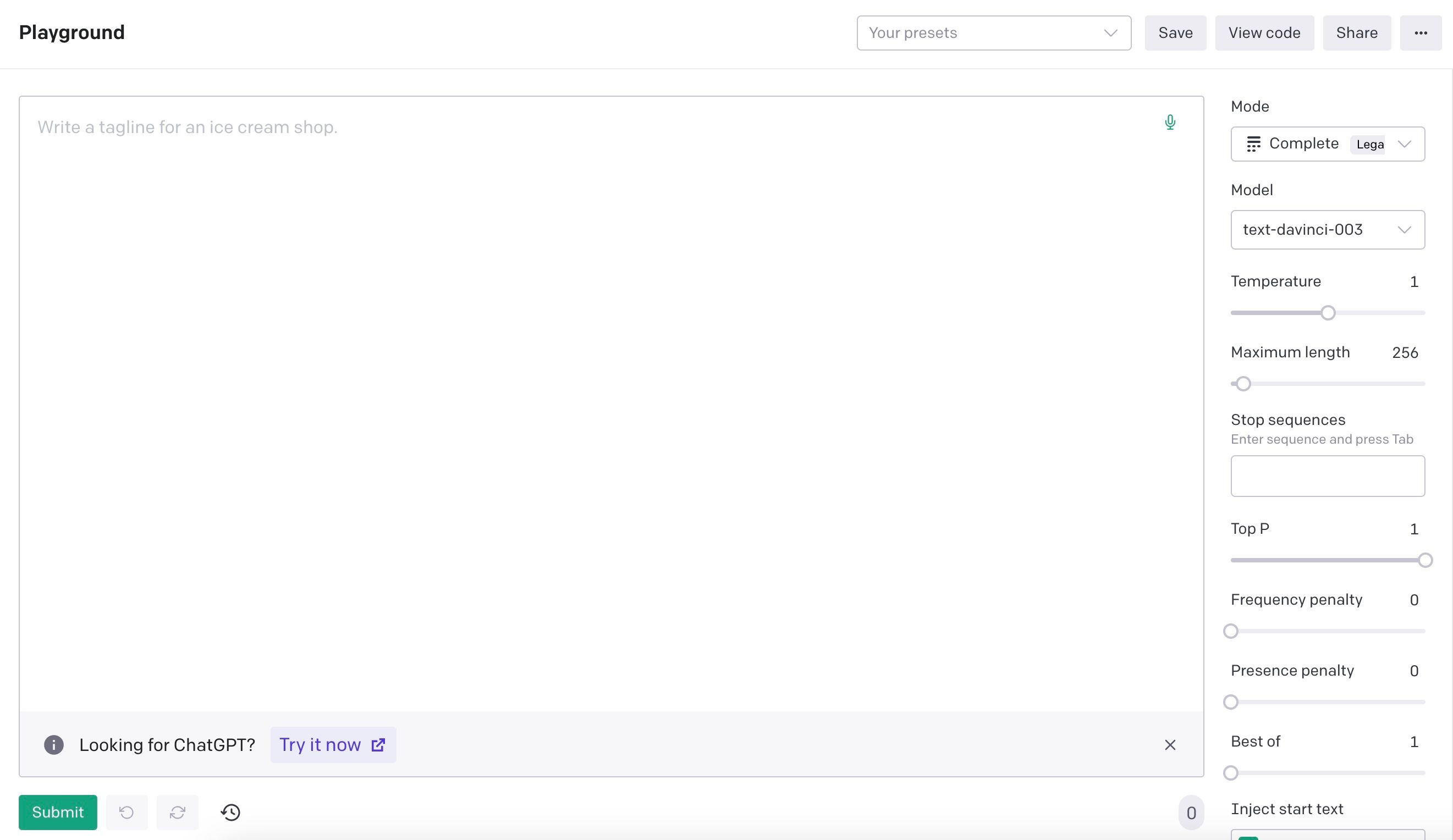 Скриншот режима Complete в OpenAI Playground