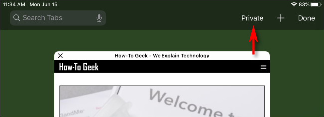 Кнопка Приватный в Safari на iPad