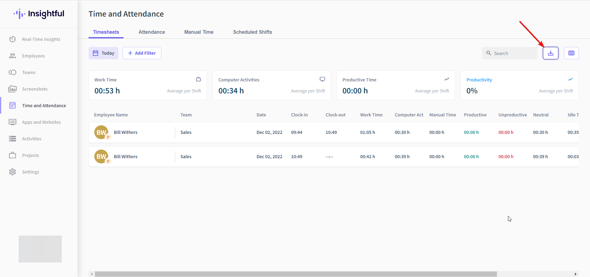 Иконка загрузки отчёта в CSV