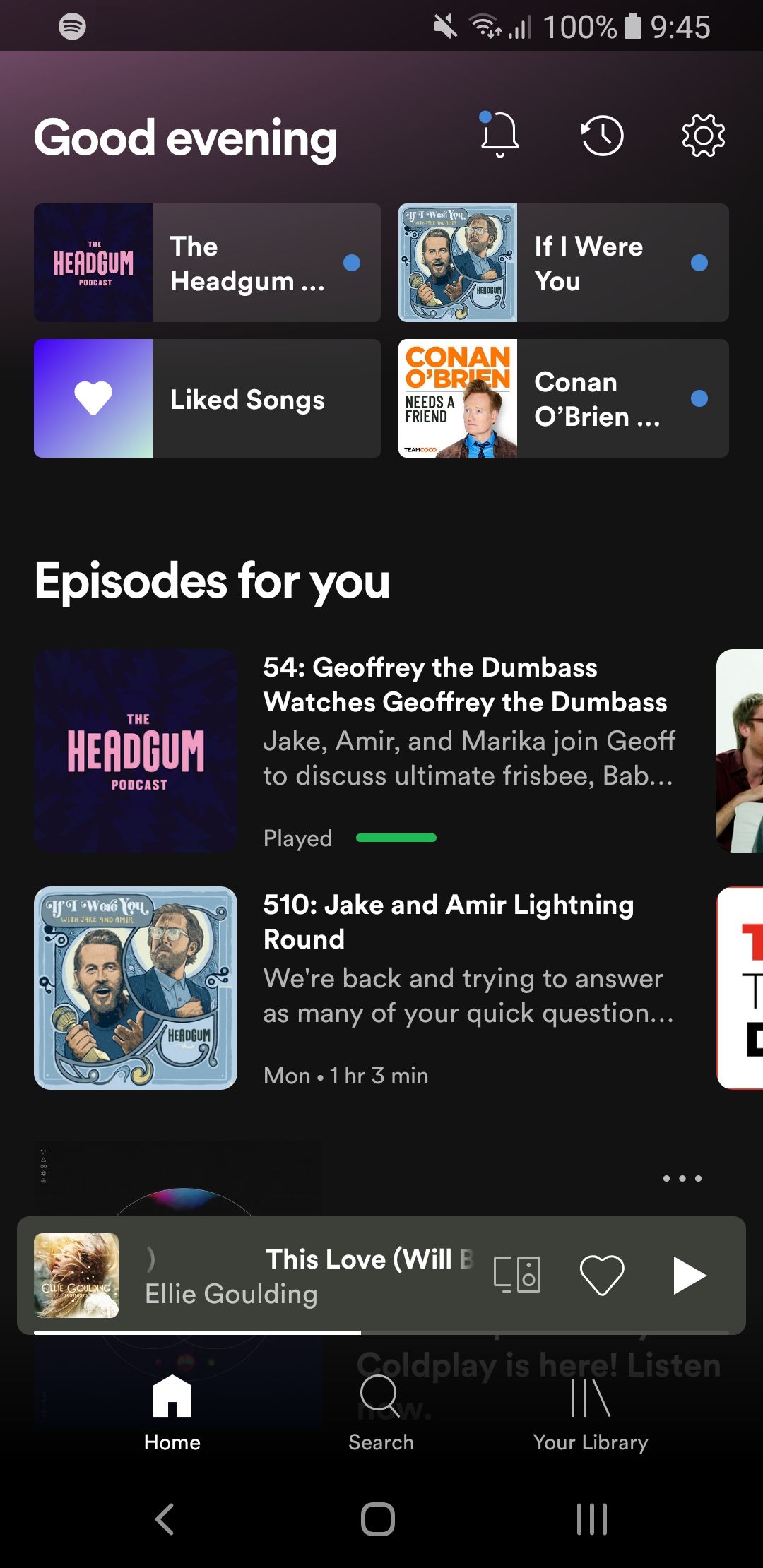 Главный экран Spotify на мобильном устройстве