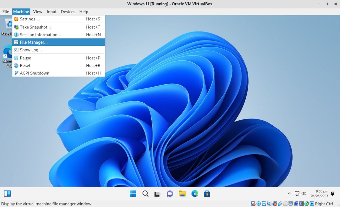 Опция File Manager в меню Machine VirtualBox.