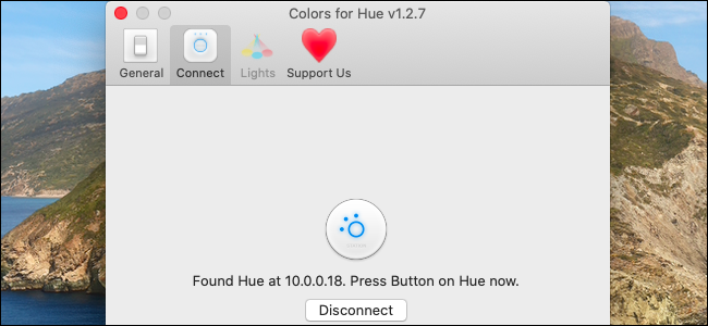 Нажатие кнопки Hue Bridge для соединения с Colors for Hue