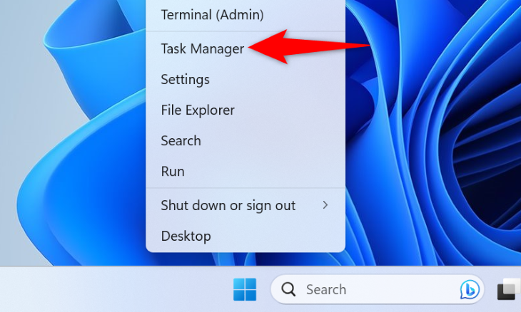 Выберите Диспетчер задач через меню Пуск.