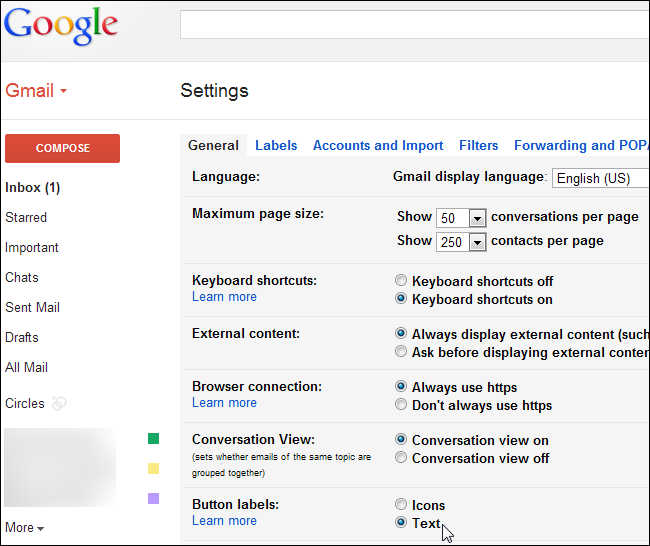 Настройки Gmail: включение текстовых подписей для кнопок