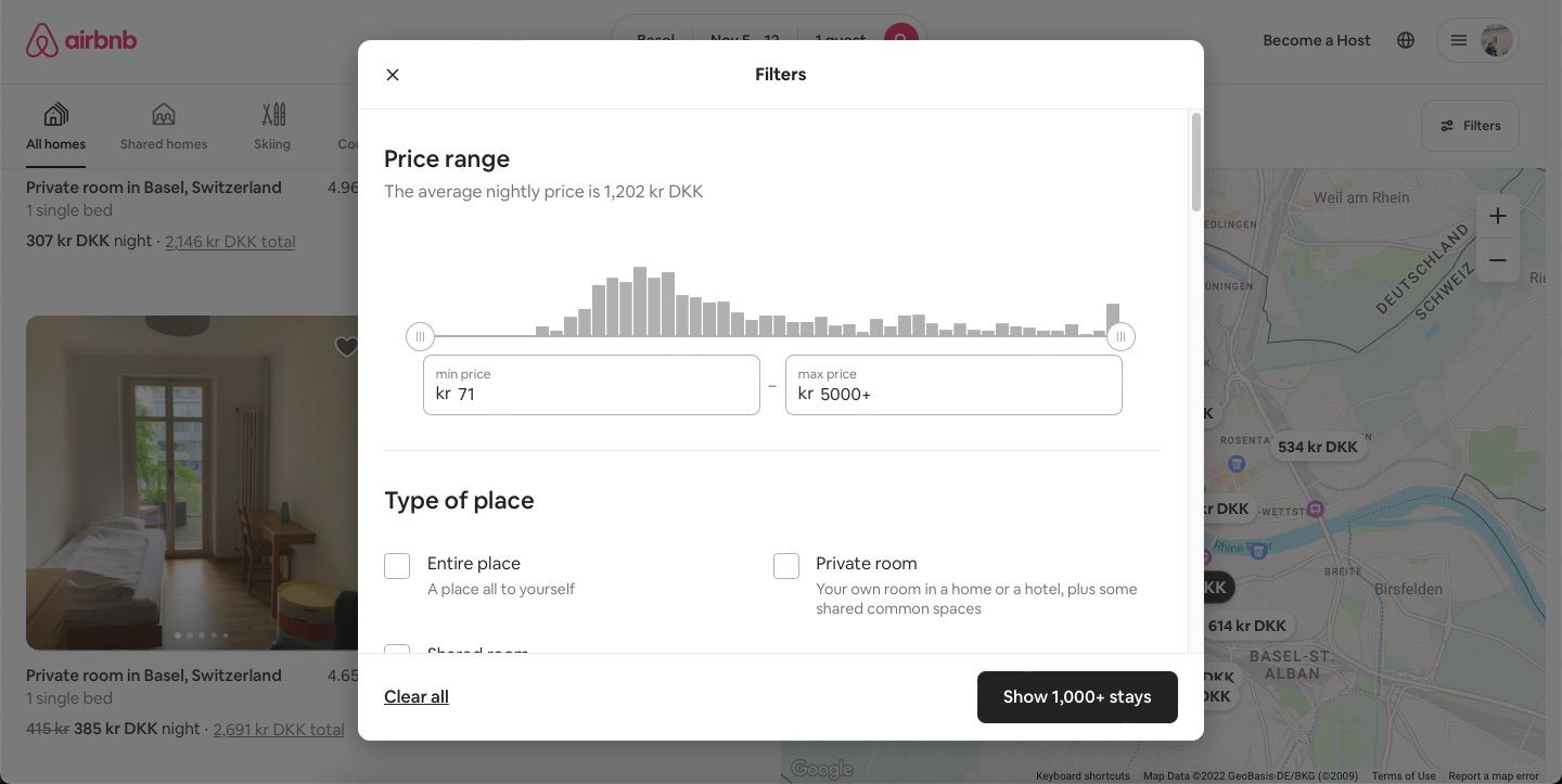 screenshot showing different filter options on airbnb