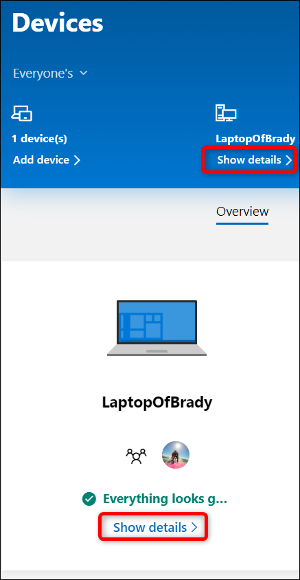 Кнопка Показать сведения под устройством в учётной записи Microsoft