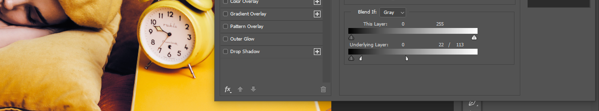 Blend If для Shadows установлены на 22 и 113