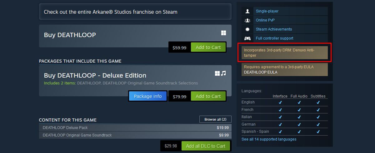Скриншот страницы игры в Steam с указанием DRM