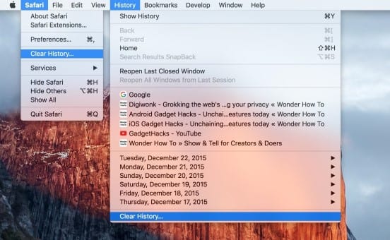 Скриншот: меню очистки истории в Safari на Mac