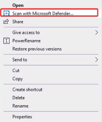 Сканирование файла в Microsoft Defender — контекстное меню