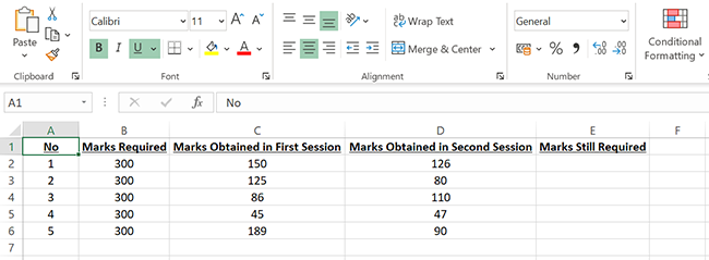 A marks spreadsheet in Excel.
