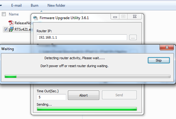 Прогресс передачи прошивки в утилите TFTP