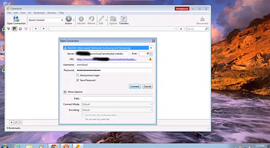 Ввод адреса и учётных данных в Cyberduck