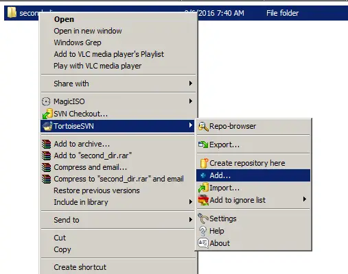 Selecionar Add no menu do TortoiseSVN