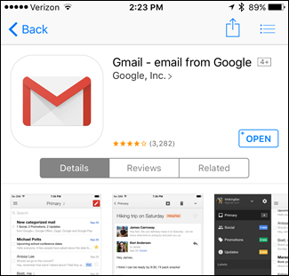 Скрин установки приложения Gmail из App Store