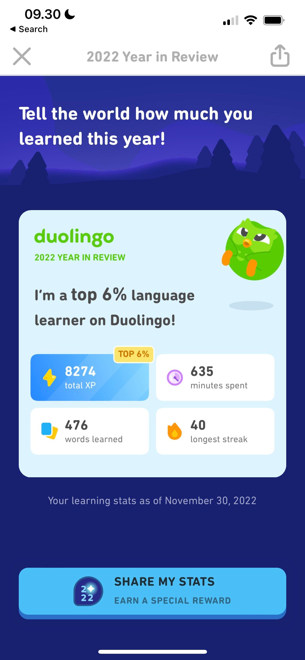 Обзор статистики для шаринга в Duolingo