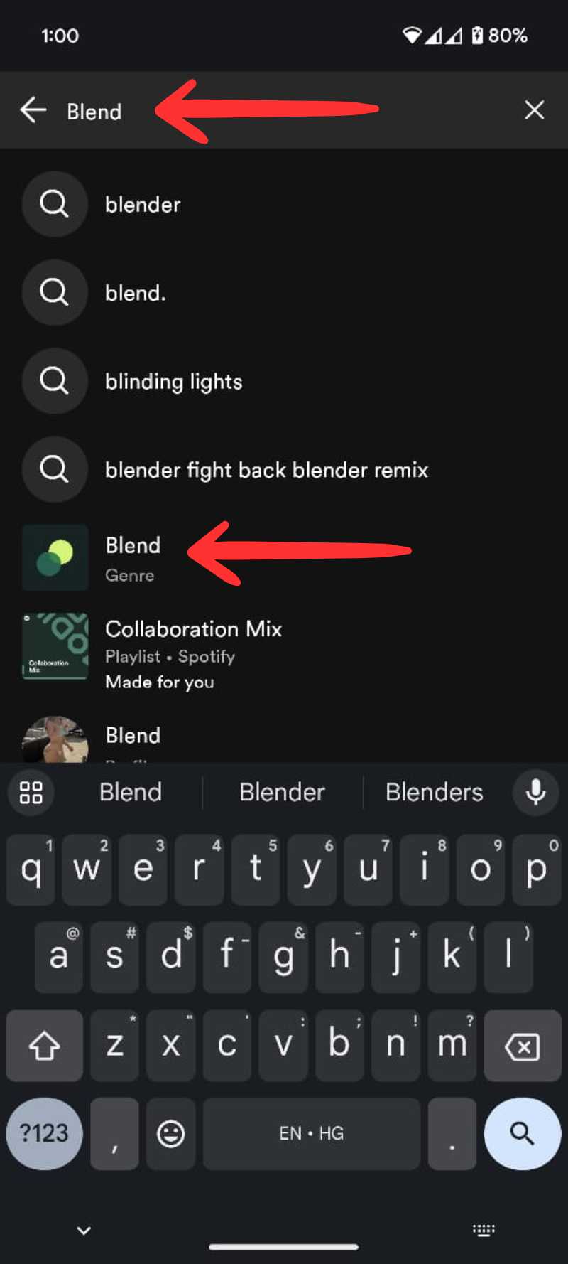 Результат поиска Blend в Spotify
