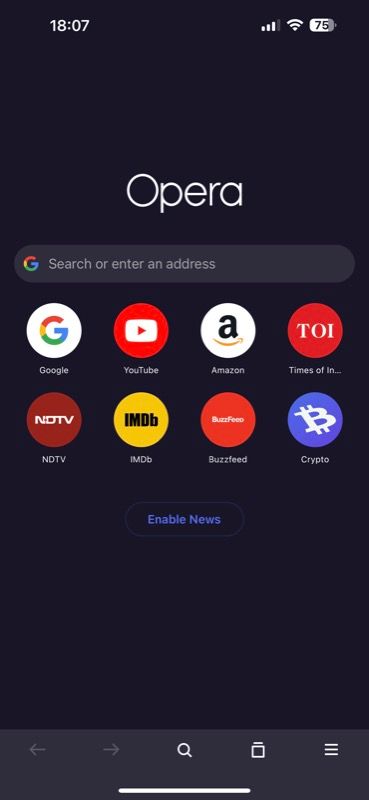 Меню Opera на iPhone с пунктом настройки