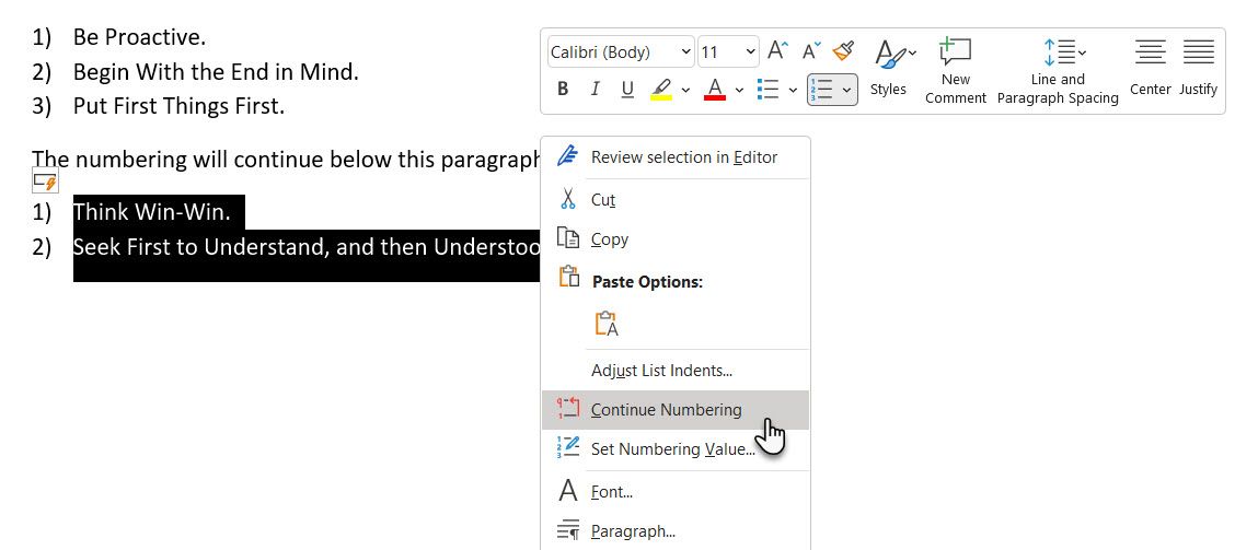 Продолжить нумерацию в Word
