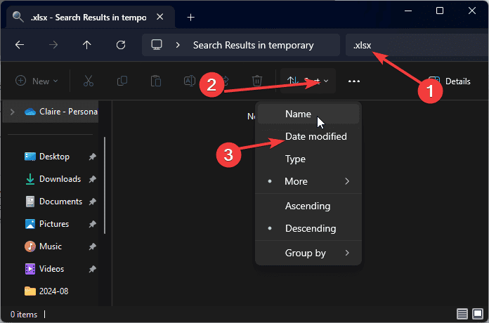 Окно результатов поиска в папке %temp% с опциями сортировки