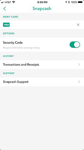 Impostazioni Snapcash con opzione per aggiungere carta di debito