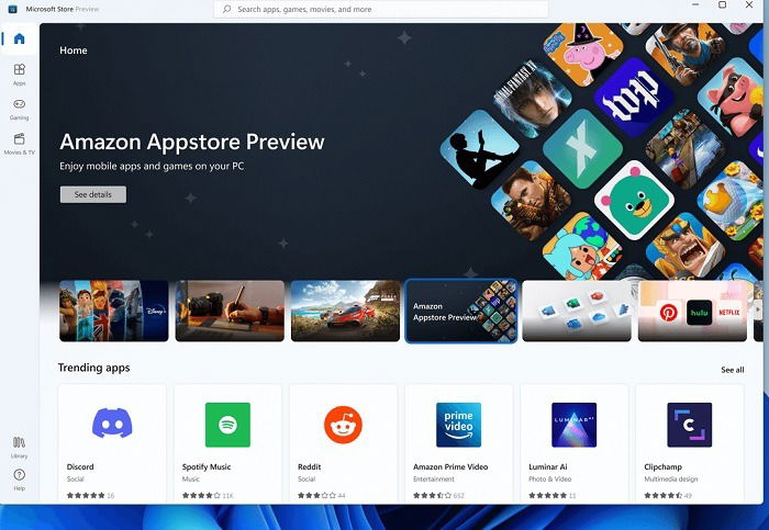 Экран Amazon Appstore в Windows 11