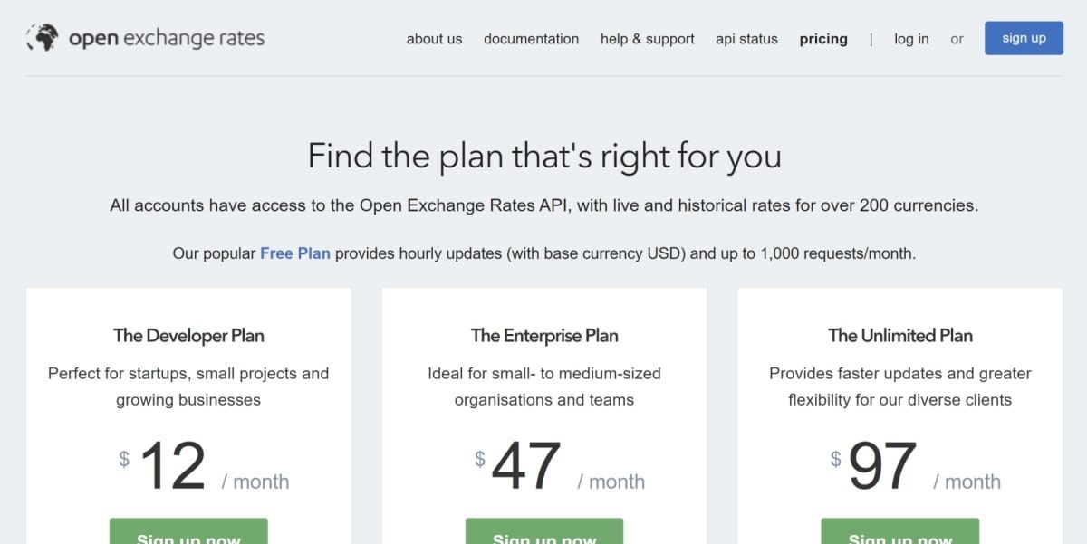 Страница тарифов Open Exchange Rates с вариантами аккаунтов