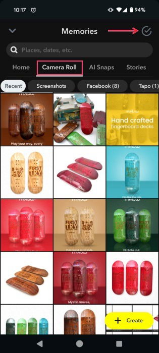 Переключение на вкладку Фотопленка в приложении Snapchat