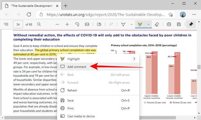 Выбор опции добавить комментарий в Microsoft Edge
