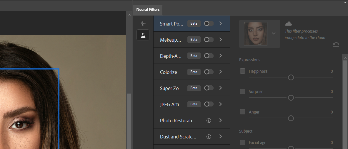 Иконка бета-фильтров (флакон) в Neural Filters